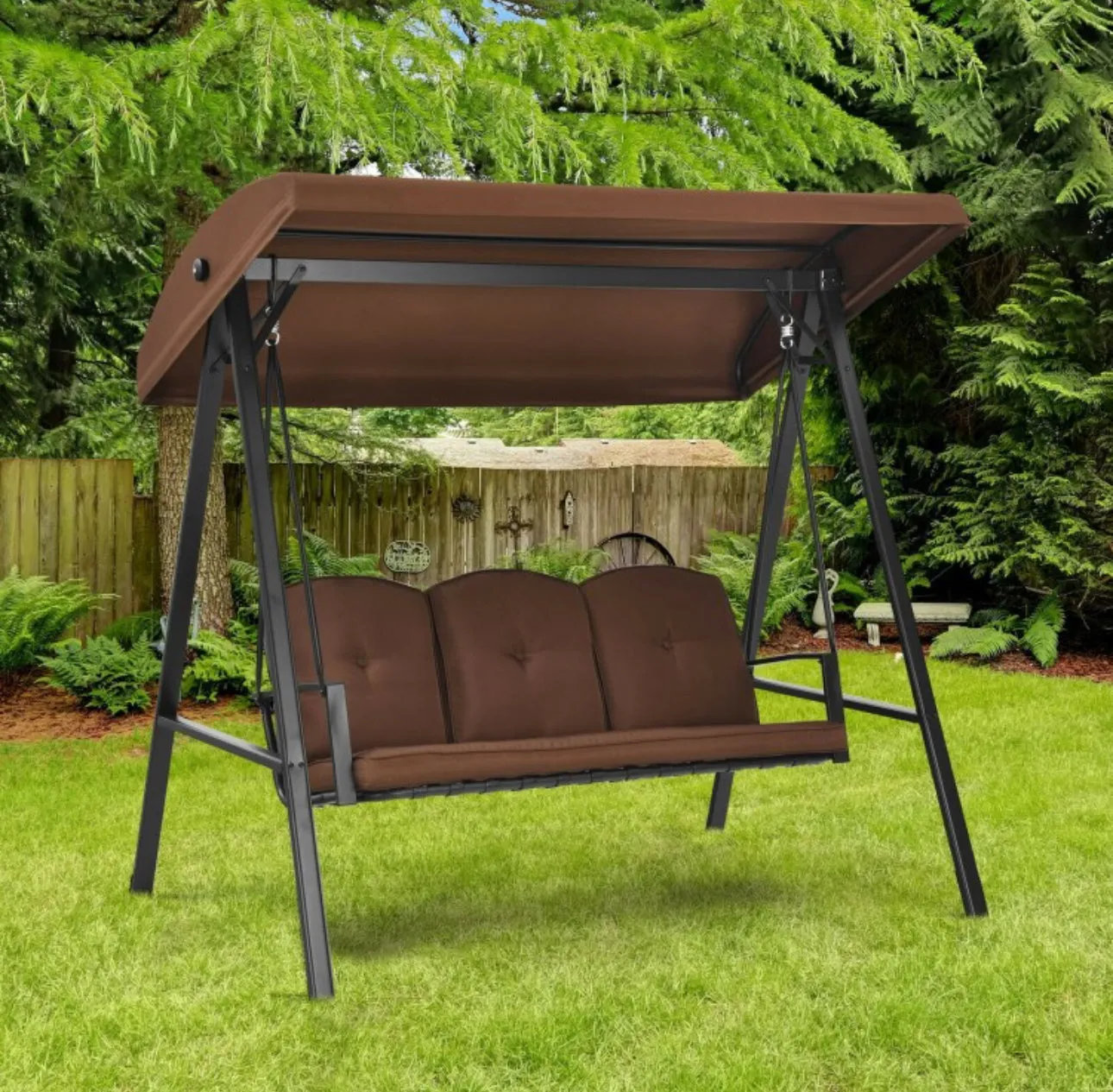 Elegant Outdoor Patio 3-Seater Porch Swing With Adjustable Cushions & Canopy | Spacious Sitting Space | Holds 710lbs | Sun Shade